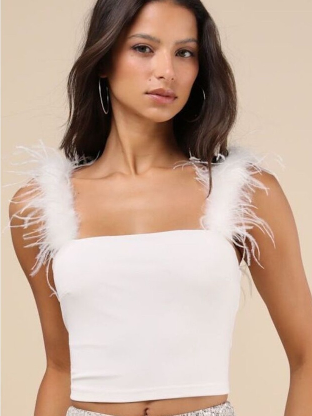 Lulu's White Feather-Trim Square Neck Crop Top